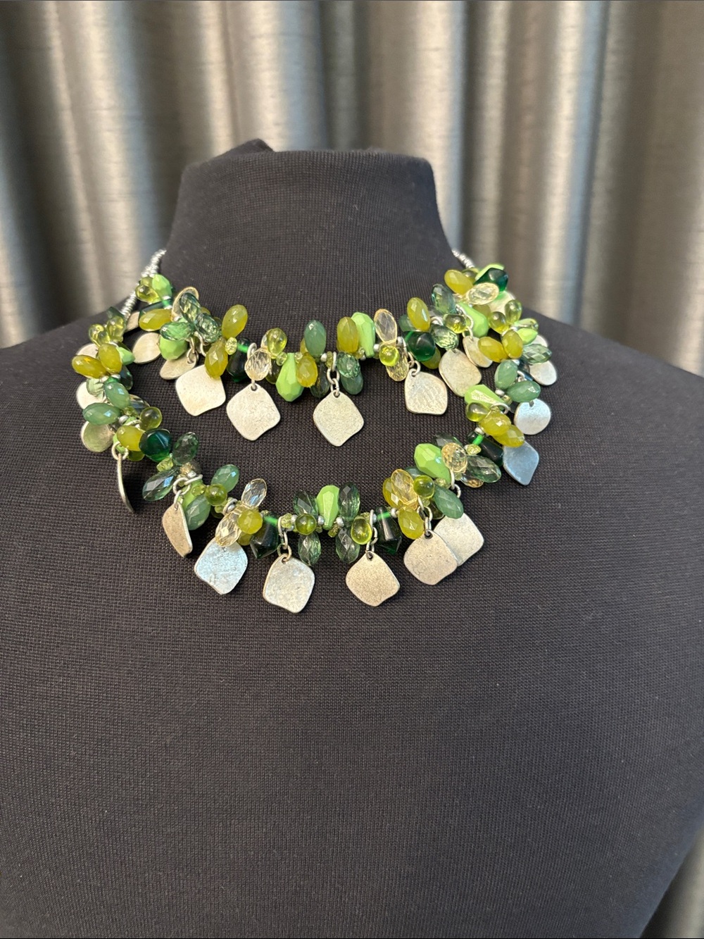 Chico's Green Multi-Bead Cluster Necklace with Silver-Tone Charms